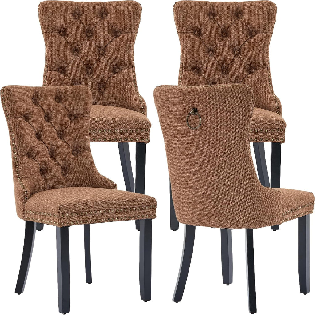 Espresso Brown Mid Century Modern Dining Chairs Set of 4, Linen Upholstered Kitchen & Dining Room Chairs with Nailhead Trim & Solid Wood Legs, Elegant Sillas De Comedor (Coffee, 4 Pcs)