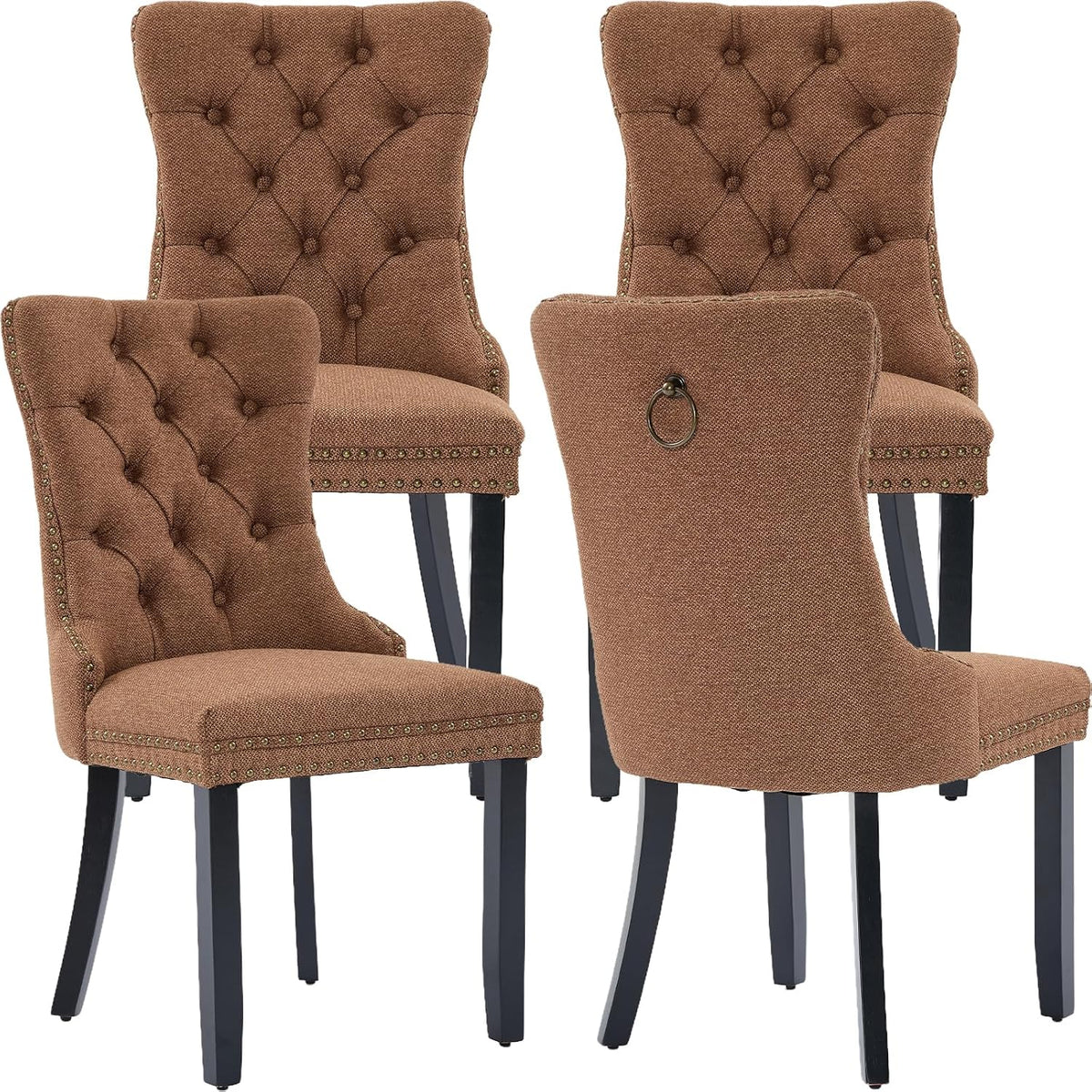 Espresso Brown Mid Century Modern Dining Chairs Set of 4, Linen Upholstered Kitchen & Dining Room Chairs with Nailhead Trim & Solid Wood Legs, Elegant Sillas De Comedor (Coffee, 4 Pcs)