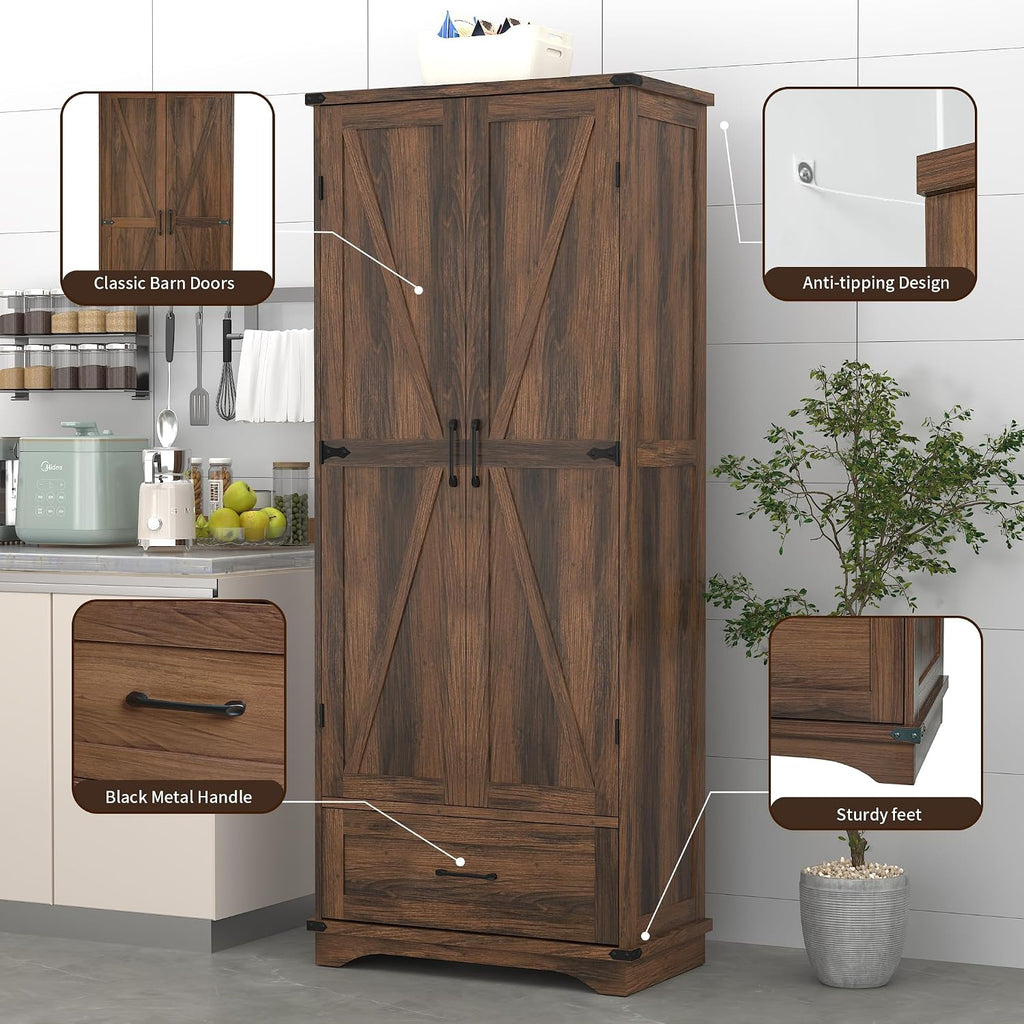 71" Farmhouse Kitchen Pantry Storage Cabinet with Drawer & 2 Barn Doors, Freestanding Cupboard with Adjustable Shelves, Modern Floor Cabinet for Kitchen, Dining Room, Living Room, Bathroom, Brown