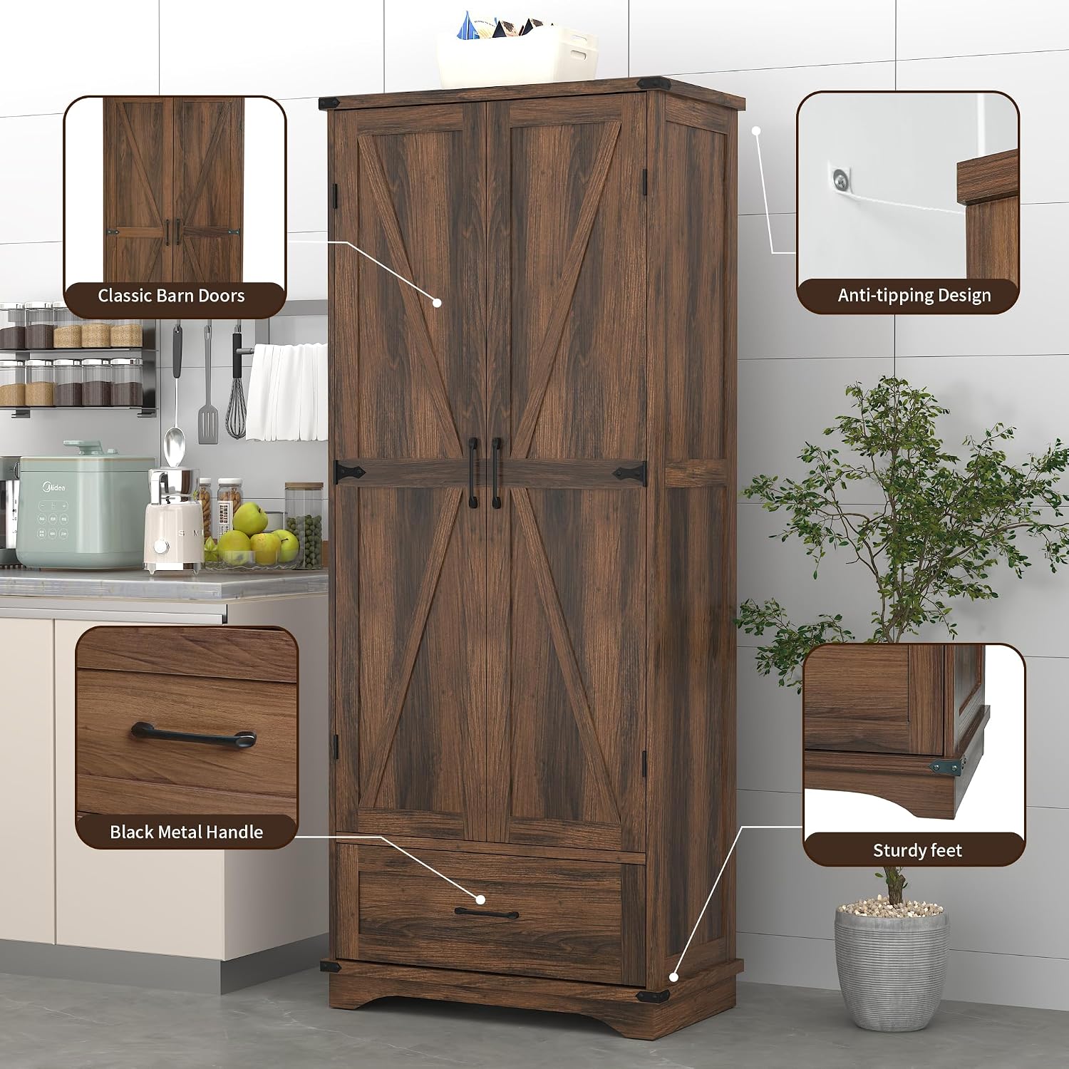 71" Farmhouse Kitchen Pantry Storage Cabinet with Drawer & 2 Barn Doors, Freestanding Cupboard with Adjustable Shelves, Modern Floor Cabinet for Kitchen, Dining Room, Living Room, Bathroom, Brown