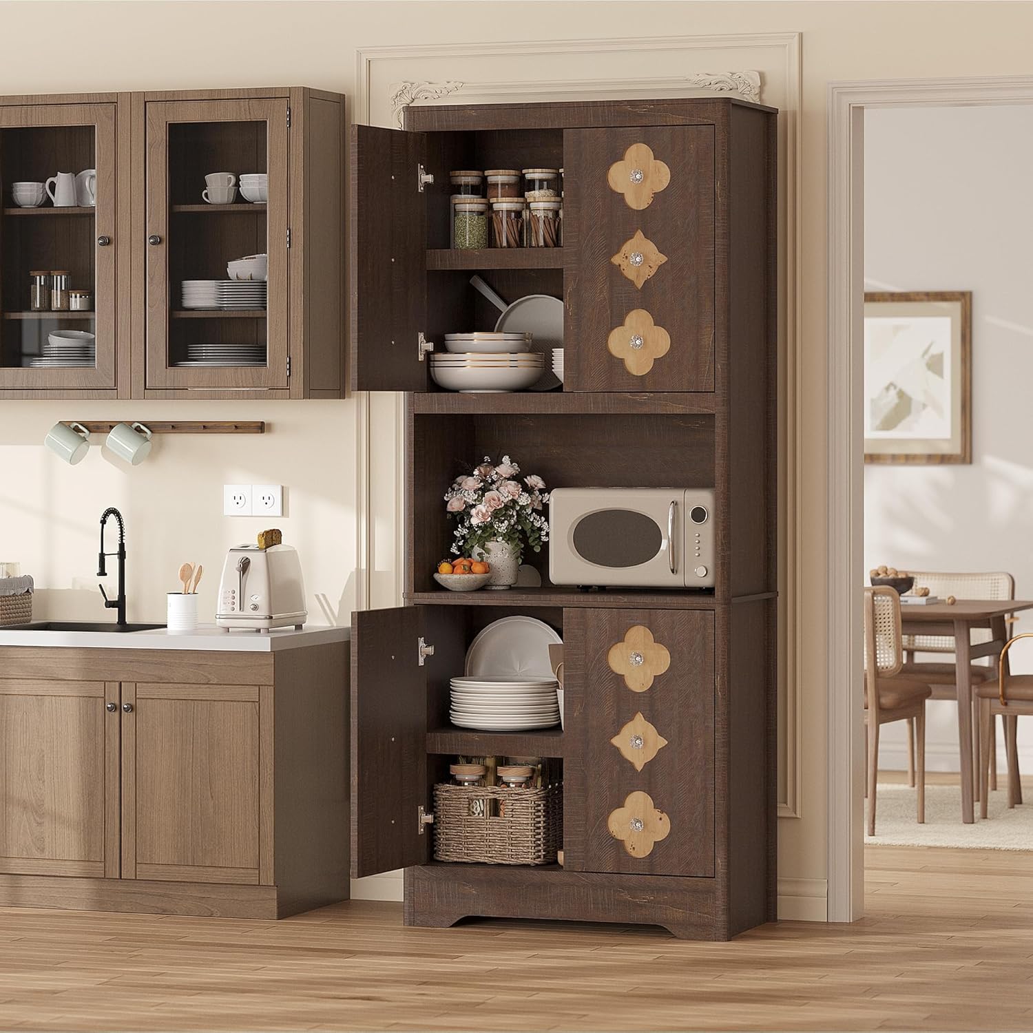 IDEALHOUSE Mid Century Modern Kitchen Pantry Cabinet, 72" Tall Storage Cabinet with Microwave Shelf, Wooden Freestand Cupboard with Carved Flower Door & Crystal Handle, for Dining Room