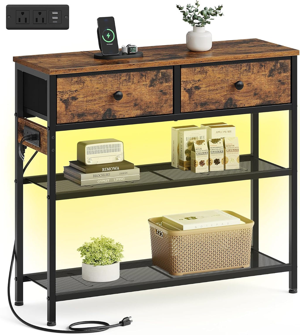 SONGMICS Console Table with Charging Station, Narrow Sofa Table with LED Lighting, for Entryway, Living Room, 11.8 x 30.2 x 31 Inches, 2 Fabric Drawers, Rustic Brown, BELLAH Collection ULGS175K101