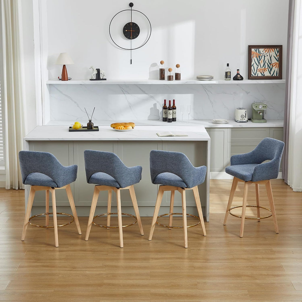 Zesthouse Swivel Counter Stools Set of 4, Wooden Counter Height Bar Stools | 26" Farmhouse Counter Stools with Back & Arm, Upholstered Linen Fabric Barstool with Solid Wood Leg, Blue Island High Chairs