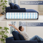 50" x 76" Corduroy Chaise Lounge Sofa Bed with Cup Holders, Blue | Extra-long corduroy chaise with deep sleeper seating, built-in cup holders, and 3 pillows for lounging or overnight rest.