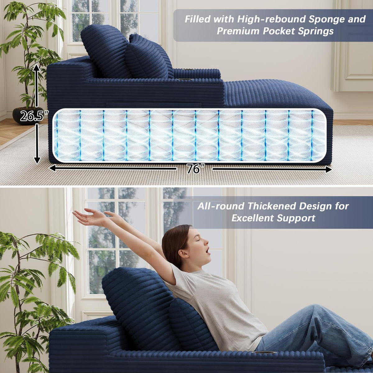 50" x 76" Corduroy Chaise Lounge Sofa Bed with Cup Holders, Blue | Extra-long corduroy chaise with deep sleeper seating, built-in cup holders, and 3 pillows for lounging or overnight rest.