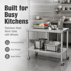 24x48 Stainless Steel Prep Table with Wheels, 1000 lbs, Kitchen, BBQ | Thickened Stainless Steel, 1000-Lb Capacity, Tool-Free Press-Fit Setup, 2-Tier Storage, 4 Locking Casters, 31.5-Inch Height