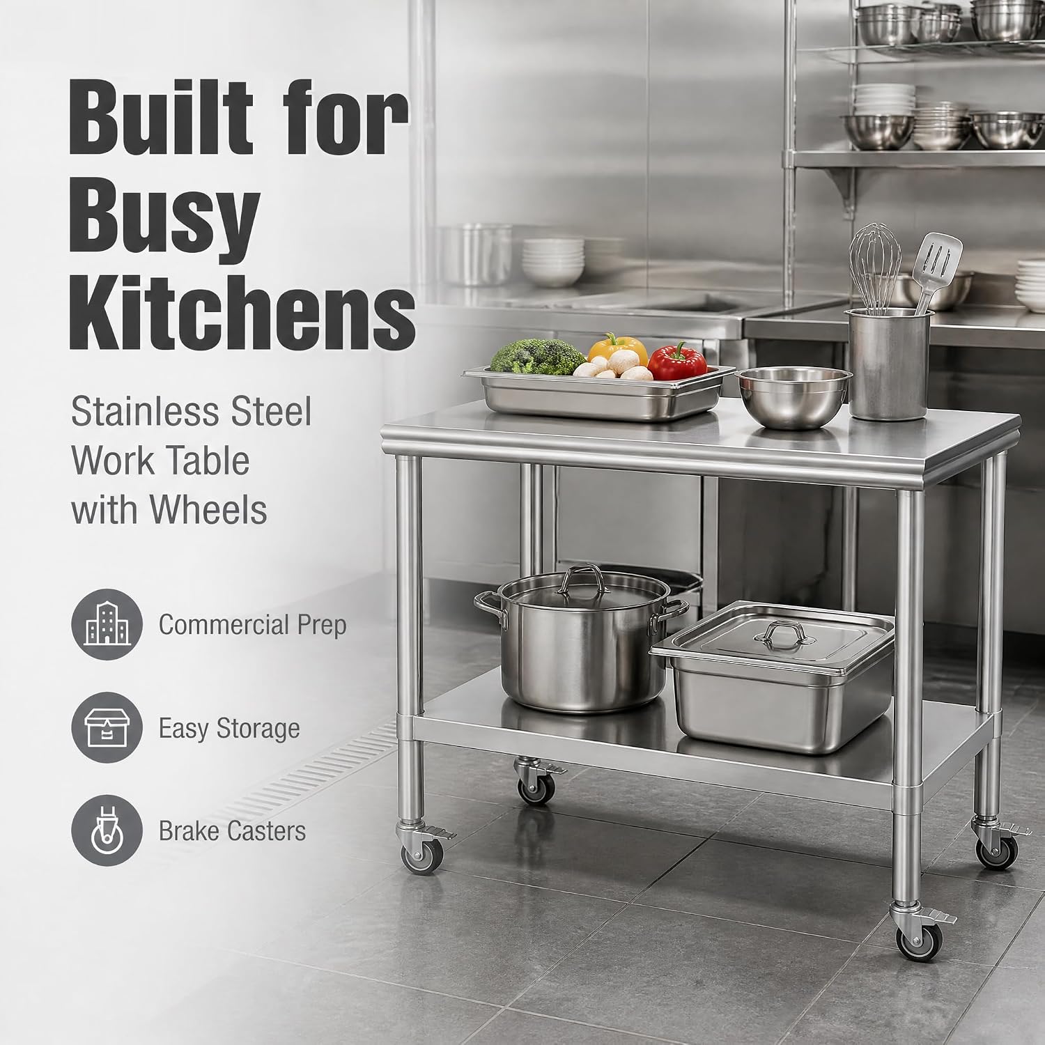 24x48 Stainless Steel Prep Table with Wheels, 1000 lbs, Kitchen, BBQ | Thickened Stainless Steel, 1000-Lb Capacity, Tool-Free Press-Fit Setup, 2-Tier Storage, 4 Locking Casters, 31.5-Inch Height