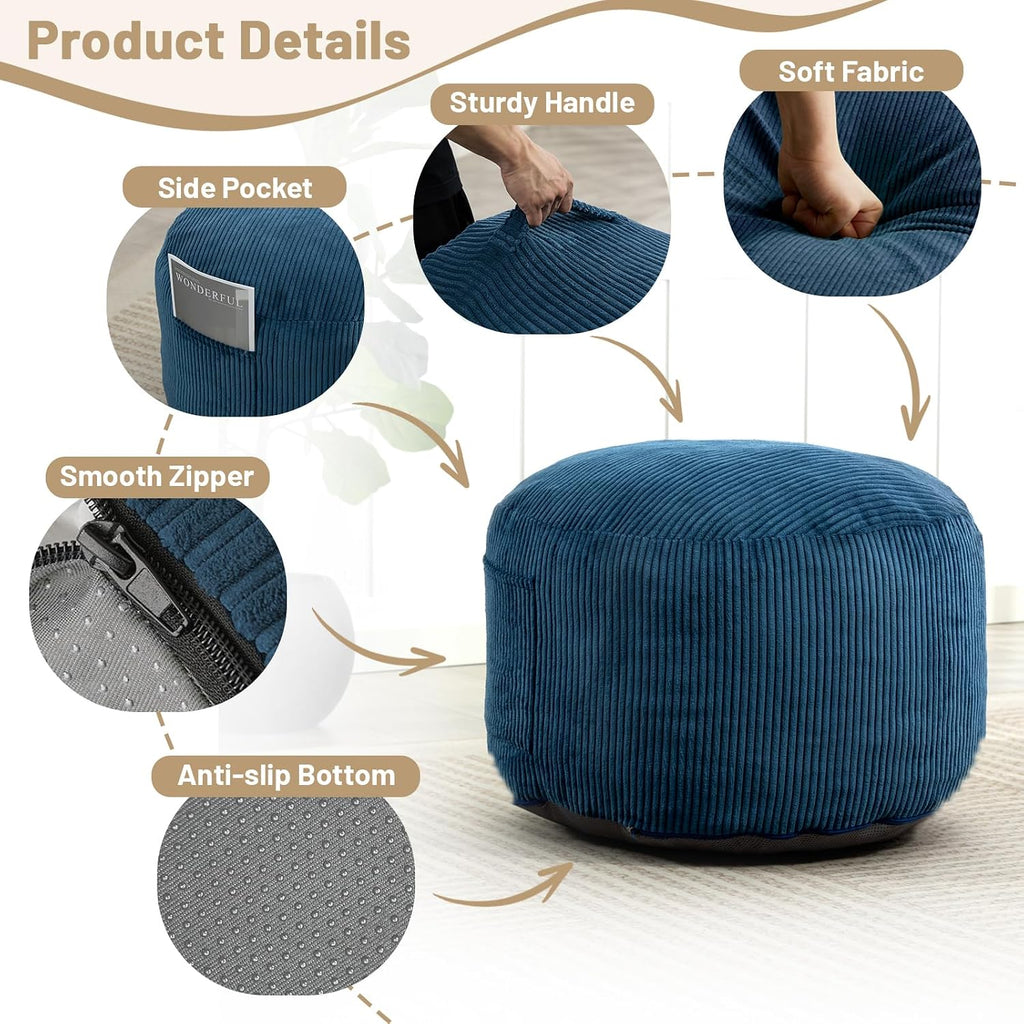 Round Stuffed Pouf Ottoman (Blue, 20" D x 20" W x 15" H) | Corduroy Foot Rest with Rebound Foam Filling, Furry and Fluffy Foot Stool Ottoman, Floor Poufs for Living Room