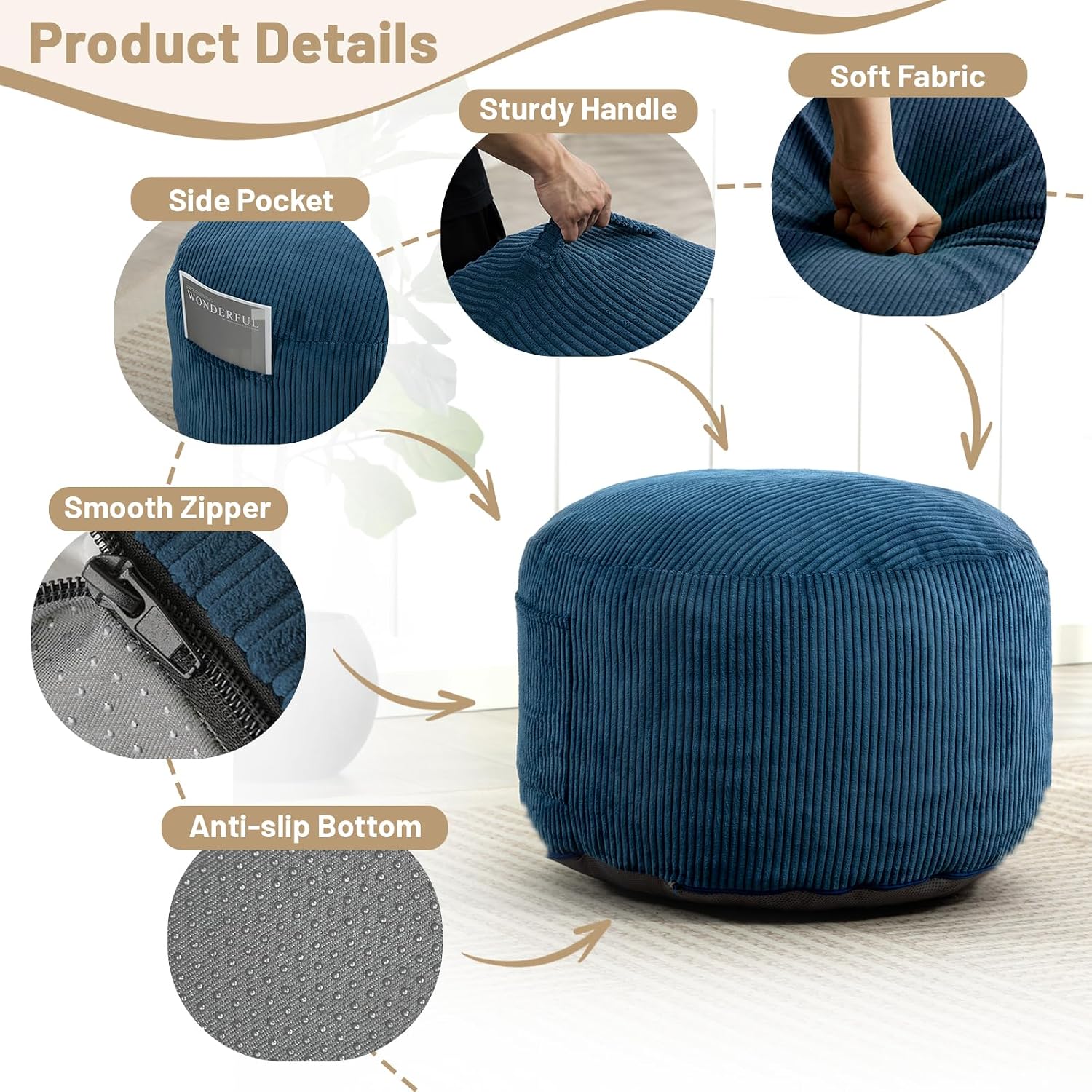 Round Stuffed Pouf Ottoman (Blue, 20" D x 20" W x 15" H) | Corduroy Foot Rest with Rebound Foam Filling, Furry and Fluffy Foot Stool Ottoman, Floor Poufs for Living Room