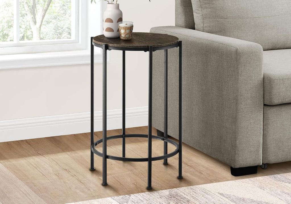Monarch Specialties I 3756 Accent Table, End, Round, Side Table, Bedroom, Nightstand, Dark Oak, Black Metal