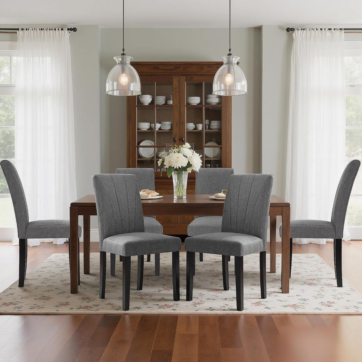 VECELO Upholstered Dining Chairs Set of 6, Modern Fabric and High Back & Solid Wood Legs, Parsons for Kitchen/Living Room- Dark Gray