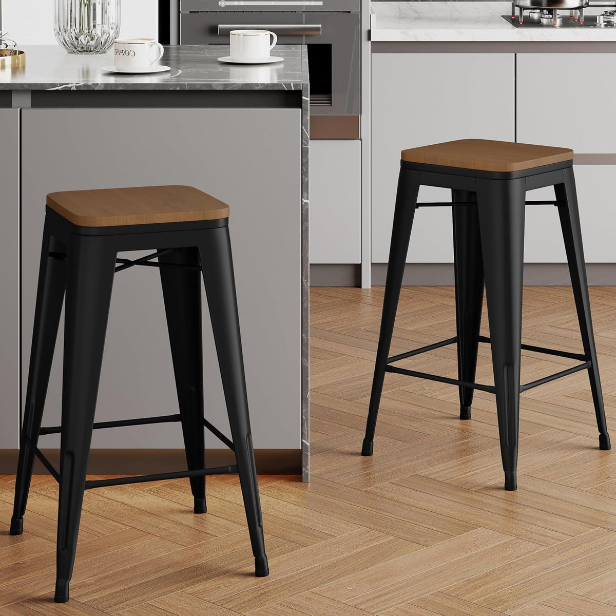 Alunaune 30" Metal Bar Stools Set of 2 Stackable Counter Height Barstools Backless Industrial Kitchen Bar Chairs with Wooden Seat-Matte Black