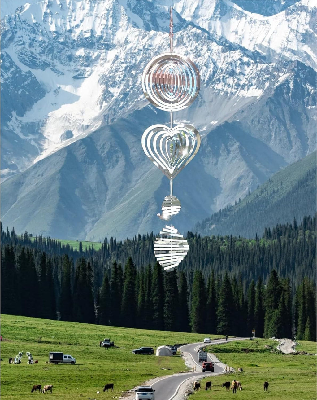 3D Wind Sculptures & Spinners Flowing-Light Effect Wind Spinners Outdoor Garden Decor Metal Square Wind Spinners Gifts for Mom, Women Wind Spinner (Round+Heart+Whirlwind)