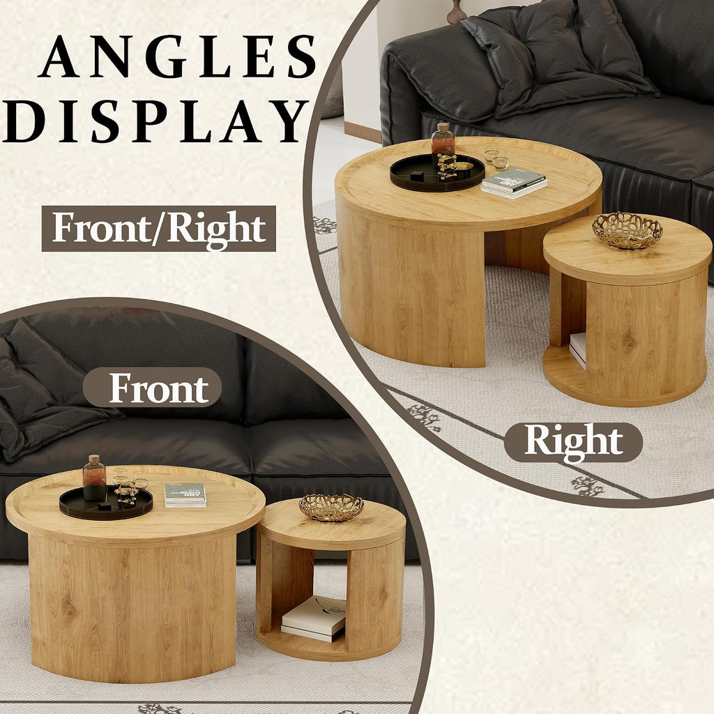 32" Anti-Slip Nesting Tables, Nesting Side Tables with Smooth Wood top, Nesting Coffee Tables with Minimalist Aesthetic for Modern Interior Home Spaces, Natural Wood