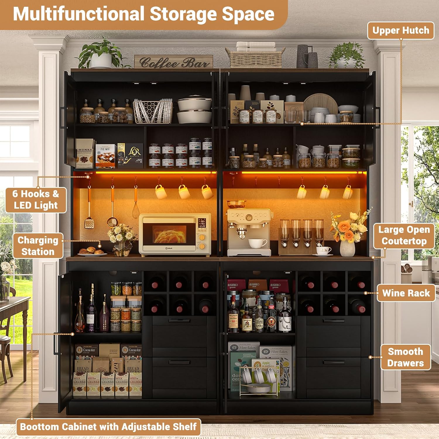 Unikito 72" Tall Pantry Cabinet, Kitchen Pantry Storage Cabinet with LED Light & Outlet, 63" Wide Kitchen Hutch Bar with Microwave Stand, Drawers, Wine Rack & Shelves for Dining Room, Black and Rustic
