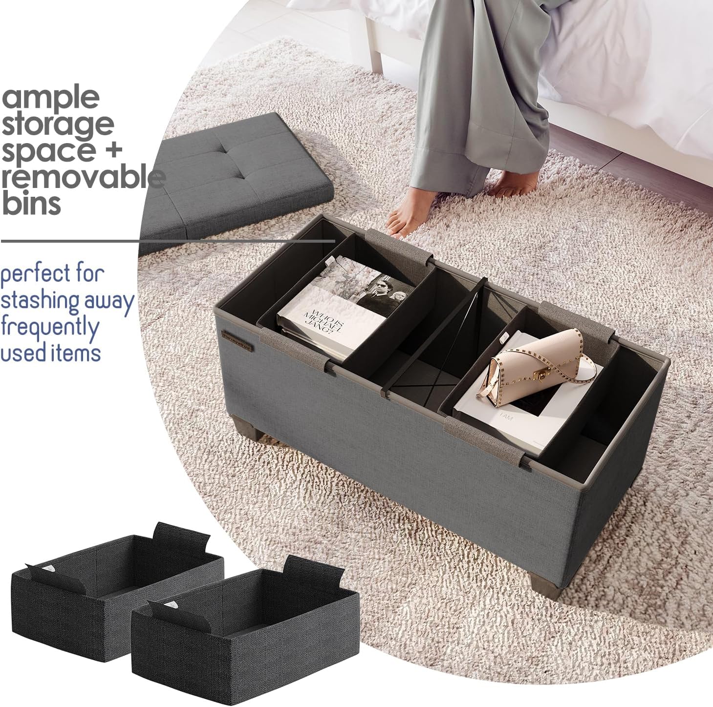 Storage Ottoman Bench with Bins, 30-in Storage Bench for Bedroom End of Bed, Folding Foot Rest Ottoman for Living Room Max 660lbs, Fabric Ottomans, Grey