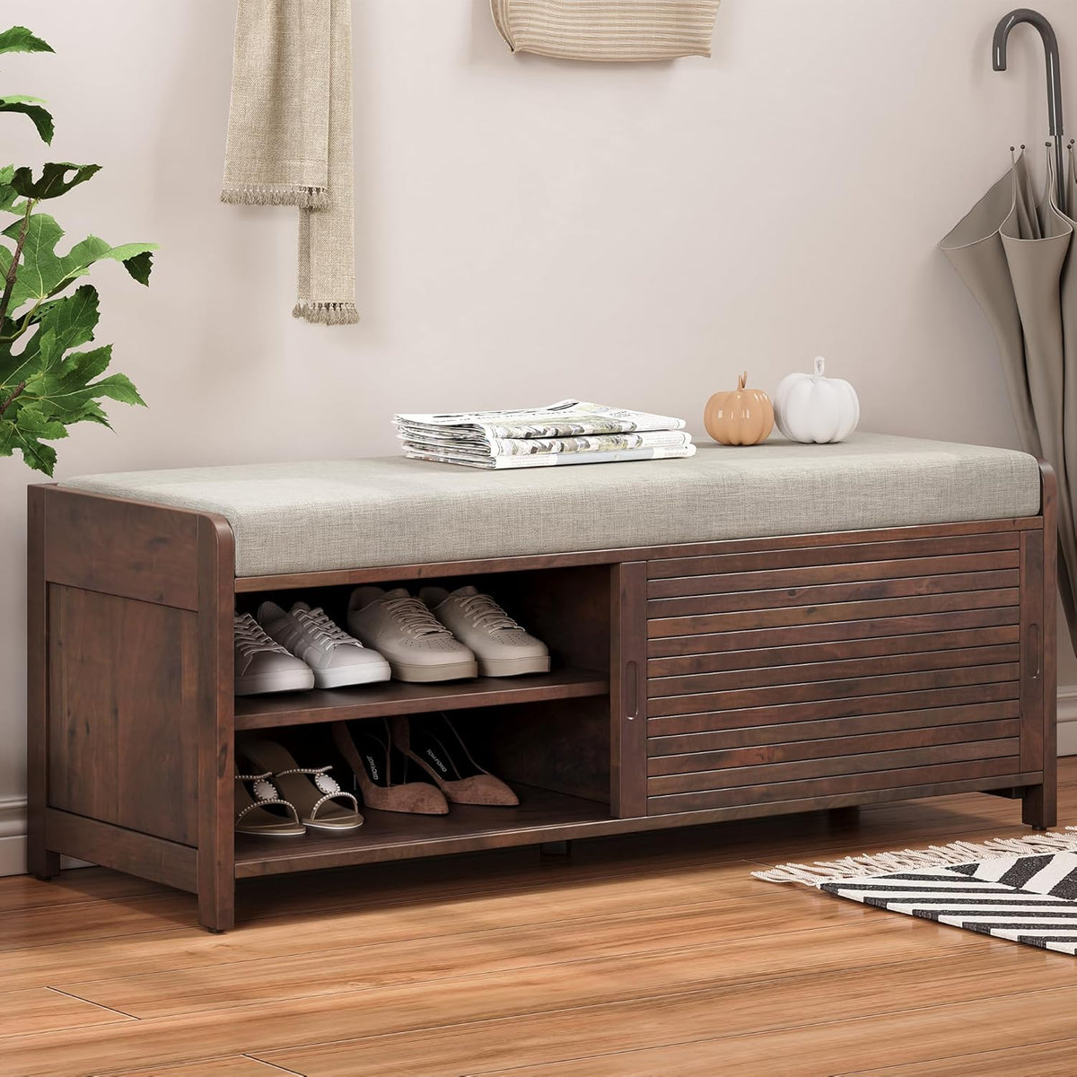 LUMISOL Shoe Bench with Storage and Cushion, Farmhouse Distressed Shutter Storage Bench with Retro Charm for Living Room, Entryway, Espresso