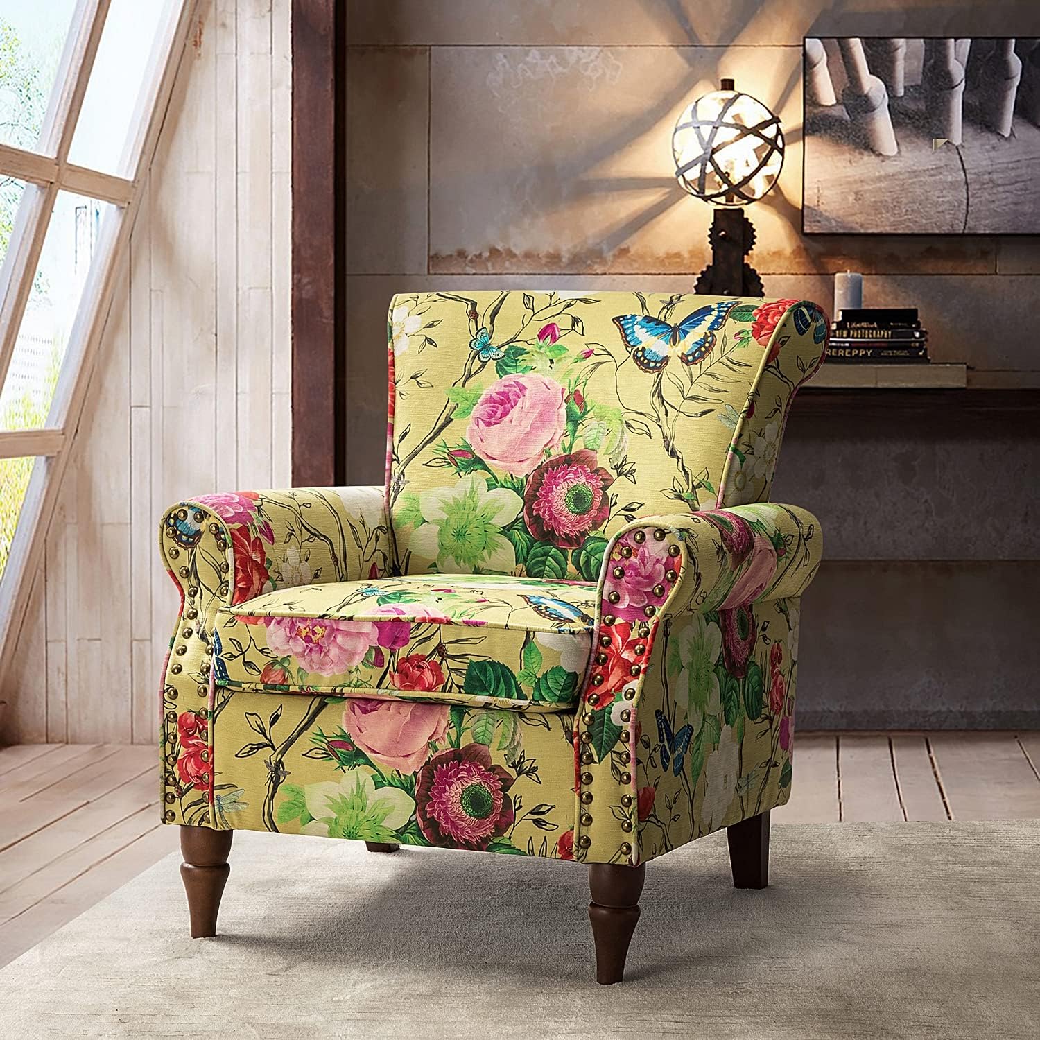 HULALA HOME Traditional Floral Accent Chair with Solid Wood Legs, Mustard | Comfy Upholstered Armchair Reading Chair with Rolled Armrests, Nailhead Trim, Removable Cushion, for Living Room Bedroom