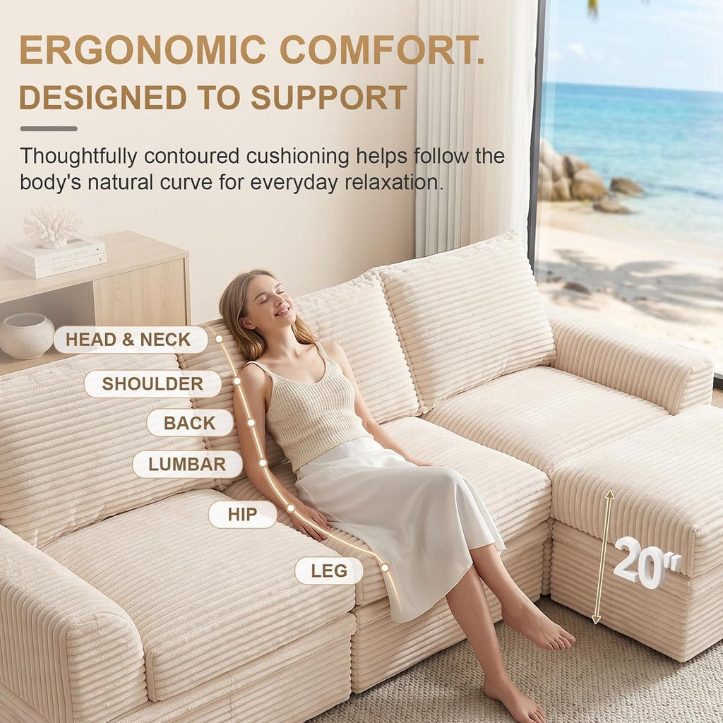 142" Upgraded Couch with Storage, Modular Sectional Couches for Living Room, Oversized Deep Seat 6-Seat U Shaped Cloud Sofa with Ottoman & Pillows,Corduroy,No Assembly(Beige)