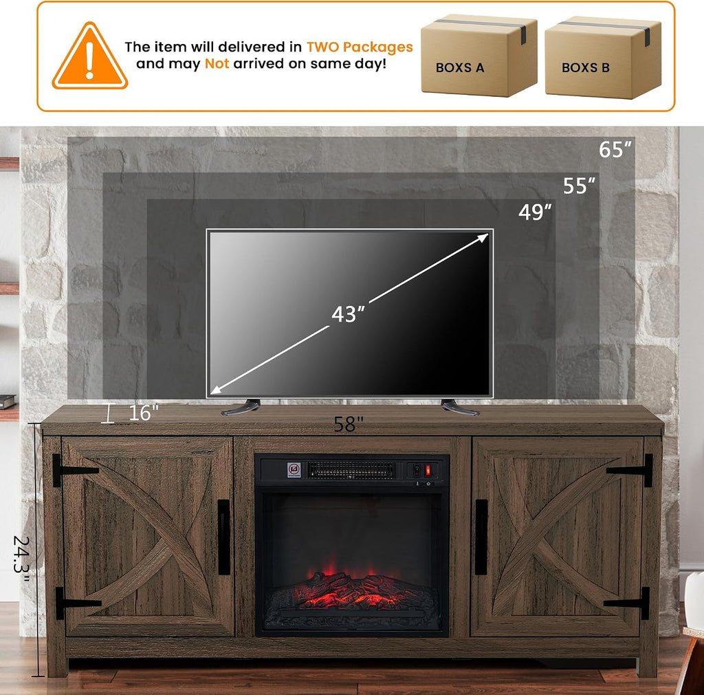 58 Inch Fireplace TV Stand for TV up to 65" | Farmhouse TV Stand with 18" Electric Fireplace, Rustic Entertainment Center with Storage, TV Stands for Living Room (Coffee)