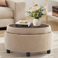 COLAMY Fabric Round Storage Ottoman with Reversible Tray Lid – Multi-Functional Footrest, Hidden Storage, Sturdy & Stylish Small Coffee Table for Living Room, Bedroom, or Entryway(Camel)