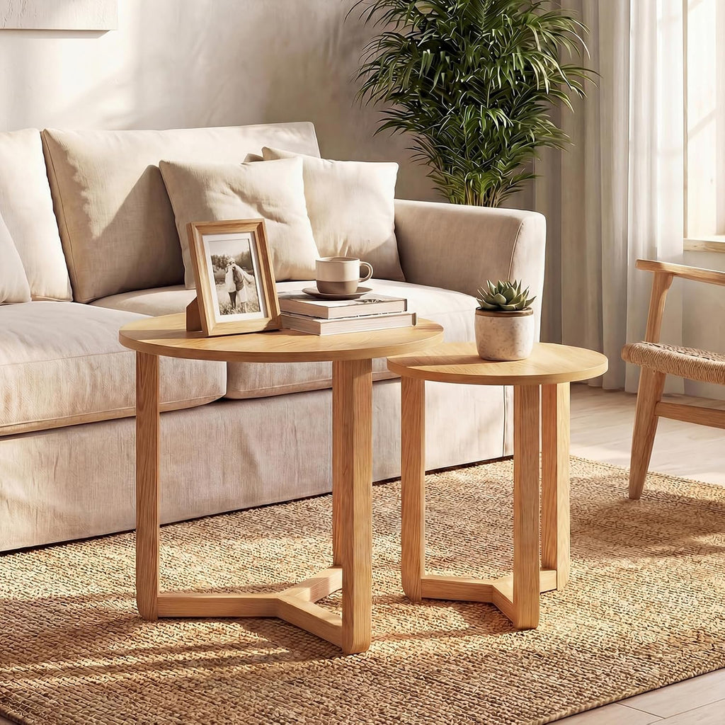 Giantex Round Nesting Coffee Table Set of 2, Wood Nesting End Tables with Thickened Top & Solid Rubber Wood Legs, Farmhouse Sofa Side Table for Small Spaces Living Room Bedroom (Natural)
