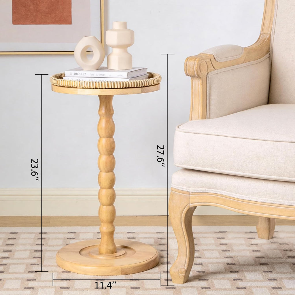 Rattan Round Side Table, Rubberwood‌ Small Drink Table for Small Spaces, Solid Wood Pedestal Coffee Tables, End Tables for Living Room, Sofa Couch, Bedroom, Corners, and Outdoor (Natural)