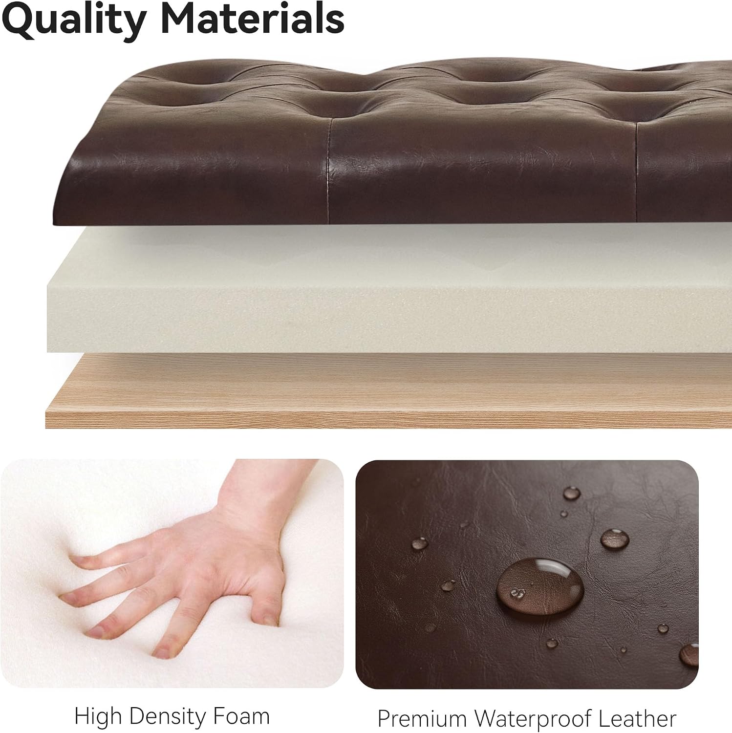 WUTUTUEE 47" Modern Water-Resistant Faux Leather Storage Ottoman Bench with Wooden Legs, Upholstered End of Bed Bench for Bedroom, Living Room or Entryway, Dark Brown