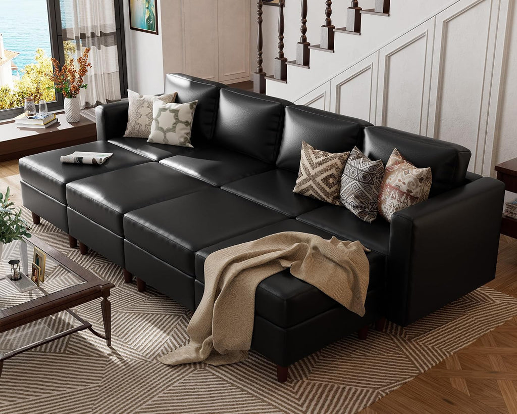 ABCASA Sofa Modular Sectional Faux Leather Sectional Sofa Module Black