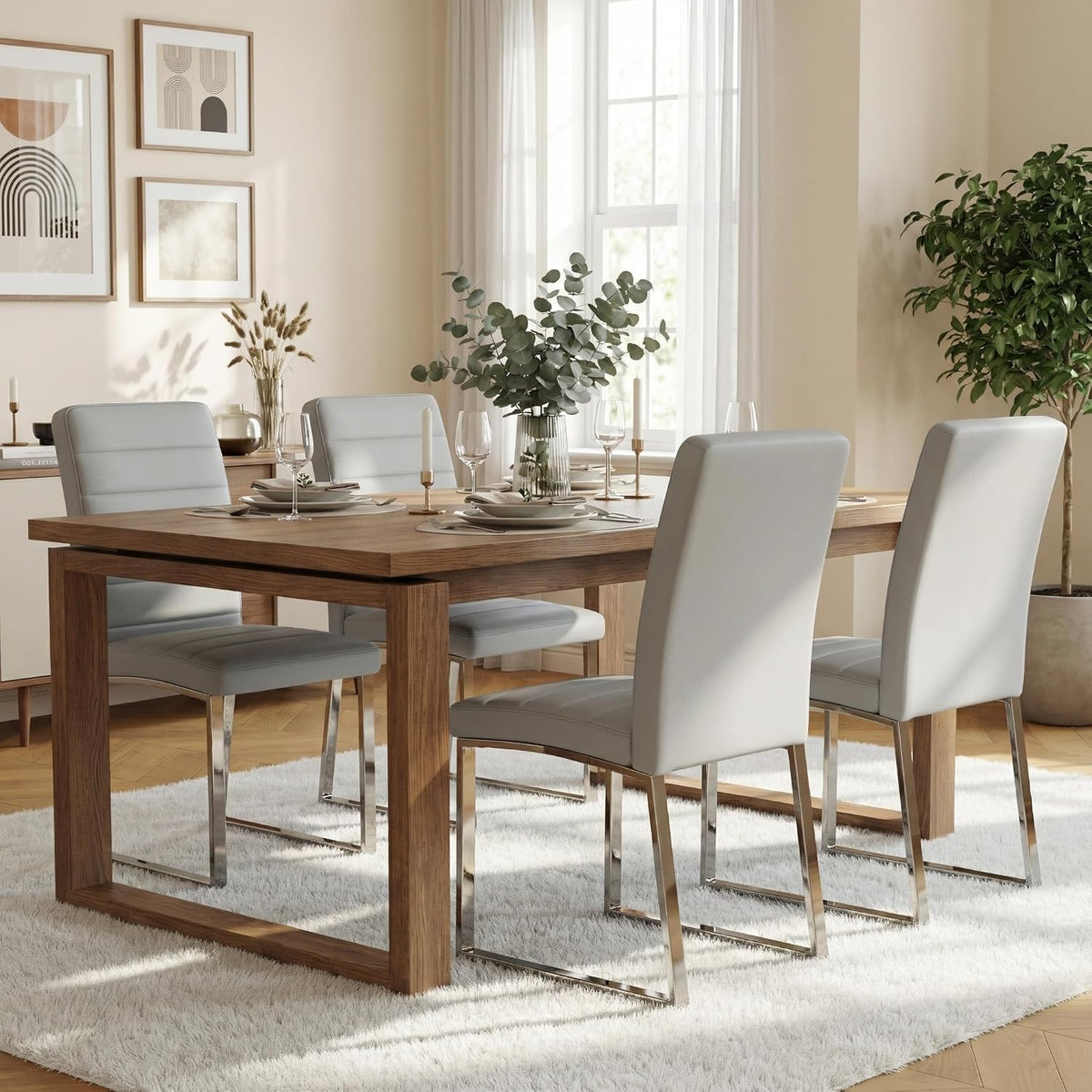 Hommoo Dining Chairs Set of 4, Faux Leather Upholstered Kitchen Chairs, Padded Seat Armless Dining Room Chair with Metal Leg, Modern Dinner Chair for Restaurant Living Room Grey