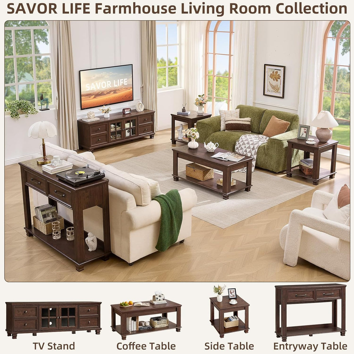 SAVOR LIFE Farmhouse TV Stand and Coffee Table Set 4 Piece, Walnut | Living Room Table Set with Drawer & Open Shelving & Thick Tabletop & Square Wooden Legs