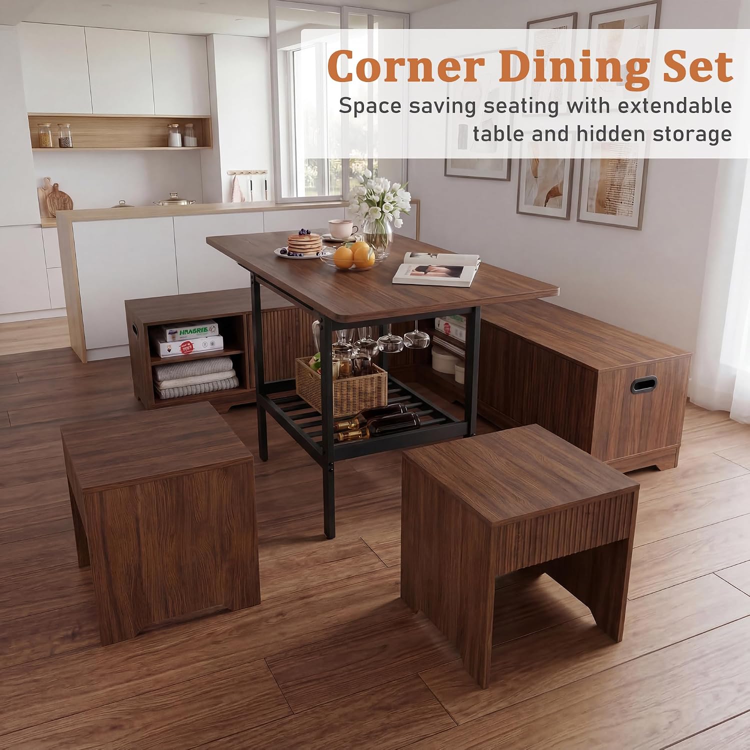 Extendable Breakfast Nook Table Set with Storage Benches & Stools, 6-Piece Corner Dining Table Set, Kitchen Nook Table Set with Glass Holder for Small Space, Indoor/Outdoor Use (Walnut(No Cushion))