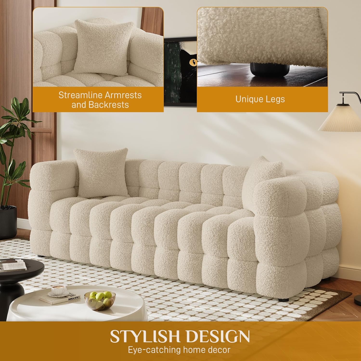 Wrofly Boucle Sofa Couch, 74.8" Comfy Upholstered Sherpa Sofa, Tufted Cozy 3-Seater Deep Seat Cloud Couch, Modern Oversized Loveseat with 2 Pillows for Living Room Apartment Office, Light Brown