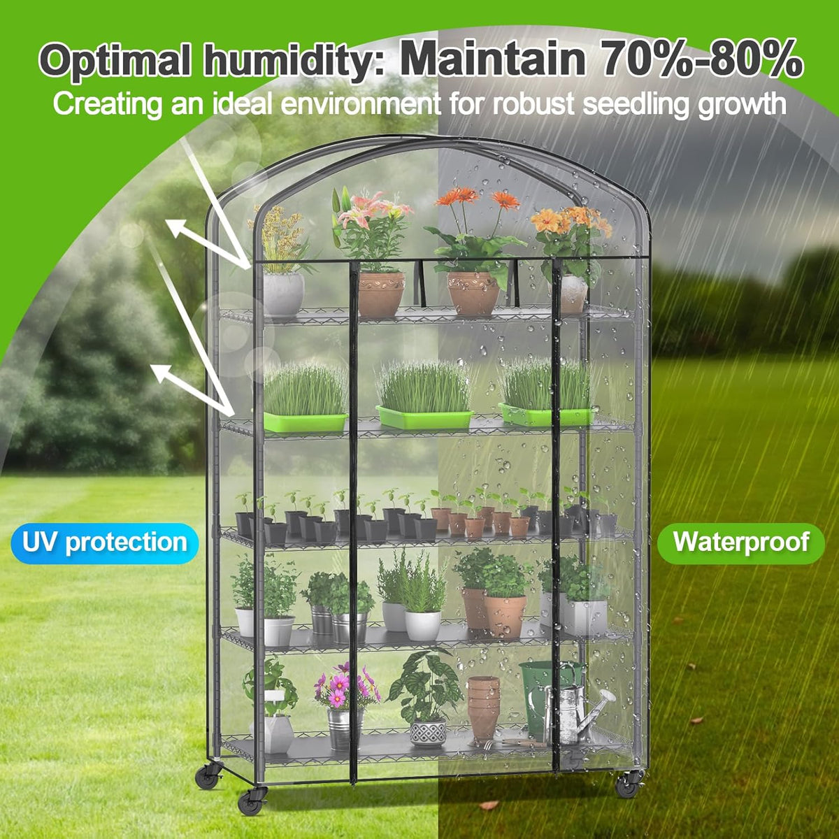 Abimars 5-Tier Greenhouse with Caster Wheel, Each Shelf Height Adjustable Metal Plant Shelf with PVC Cover for Seed Starting Trays, Seedling Pots, Plant Pots, 21x49x80inch