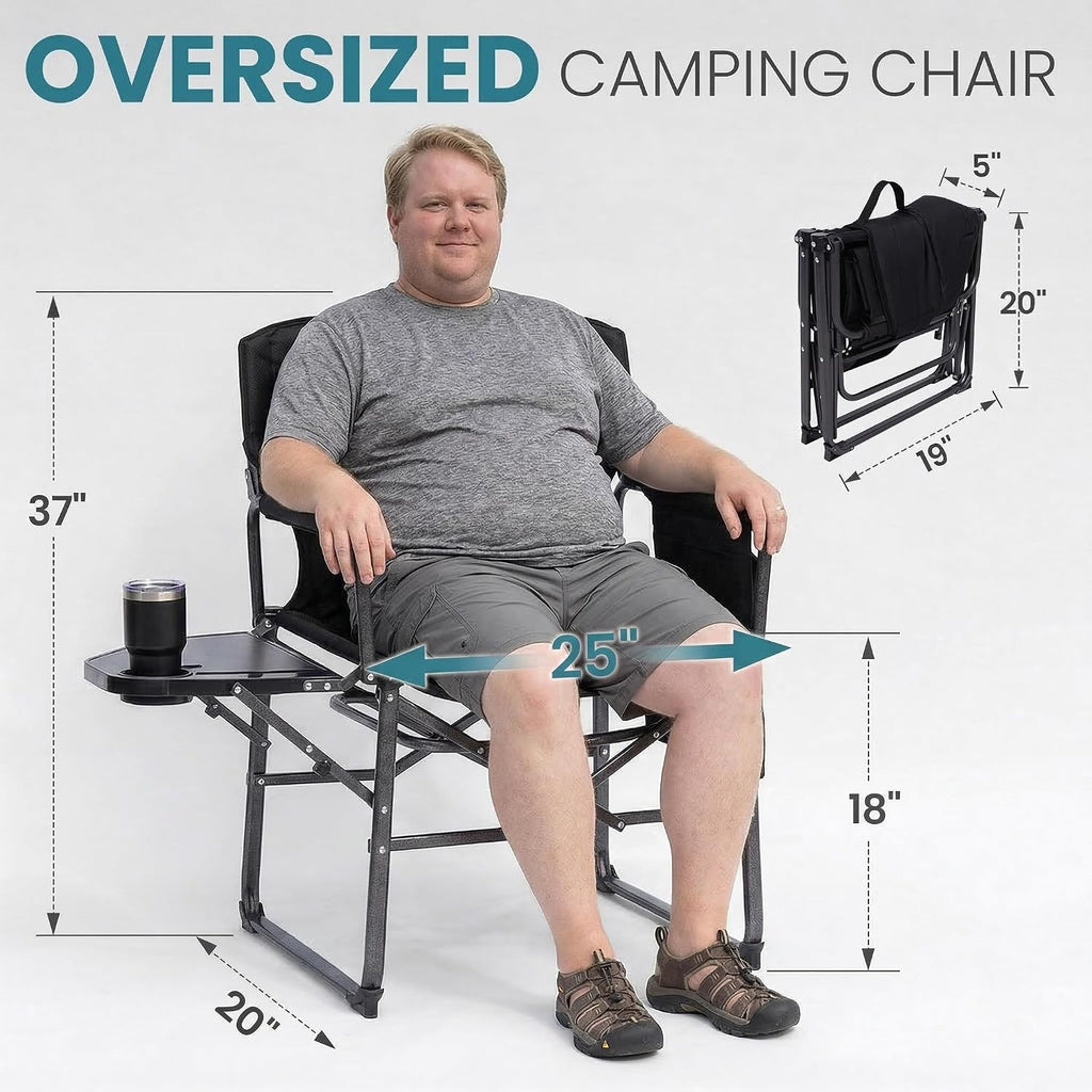 FUNDANGO Oversized Folding Chairs for Outside, Fully Padded Camping Director Chair for Adults, Support 450lbs Portable lawn chairs with Side Table, Side Pockets for outdoor Camp, Picnic, Lawn, Concert