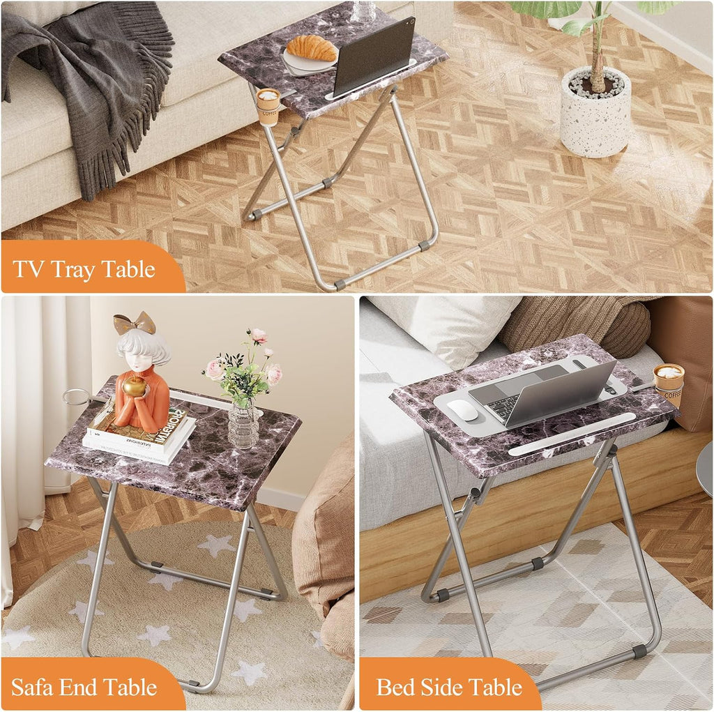 Folding TV Tray Table with Cup Holder, TV Dinner Table with Sturdy MDF Top, Eating Trays with Tablet Slot for Living Room, Bedroom, Sofa, 15 x 18.9 x 25.6 in (Black Marble, 2Pcs)