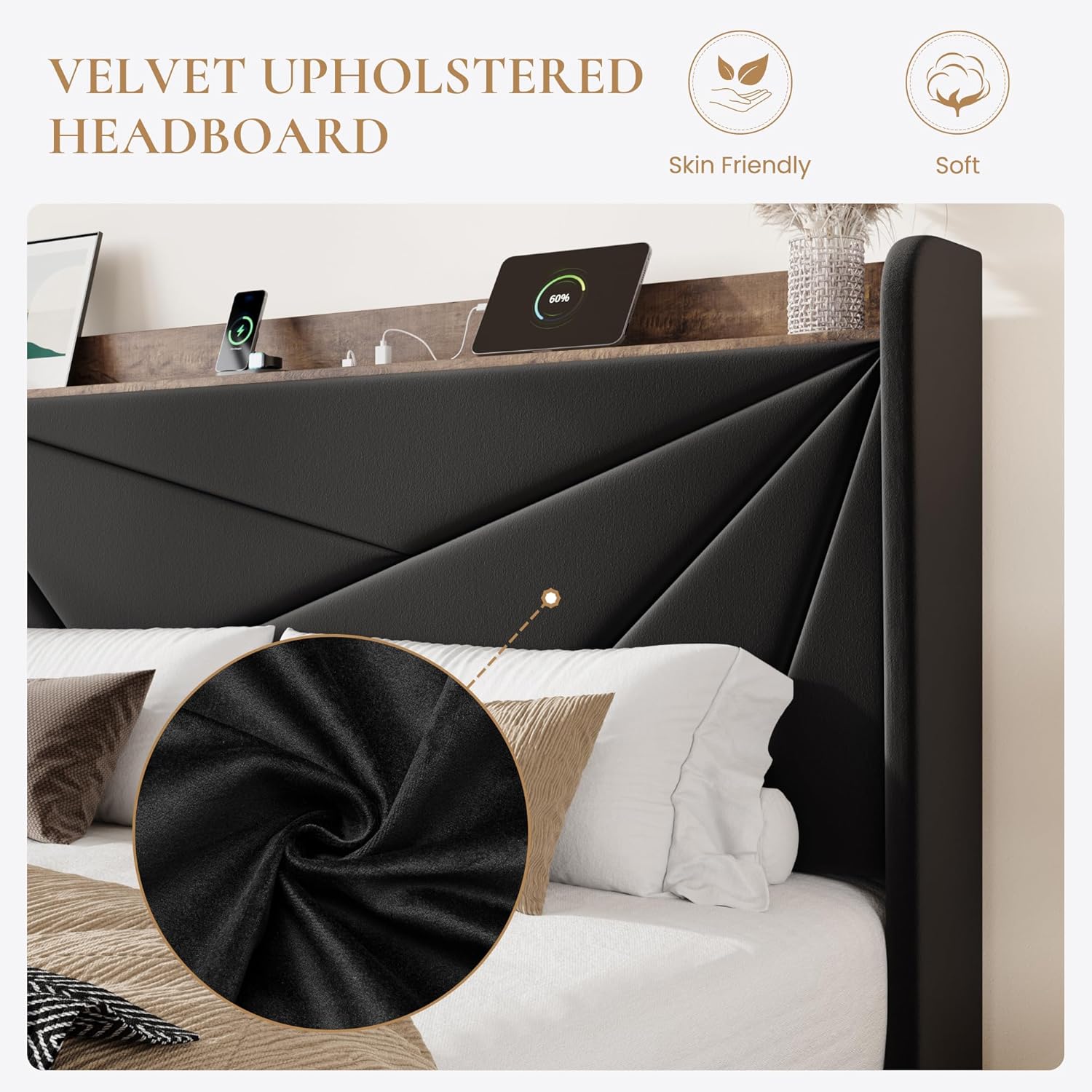SHA CERLIN Queen Bed Frame, Storage Headboard with Drawers, Charging, Black