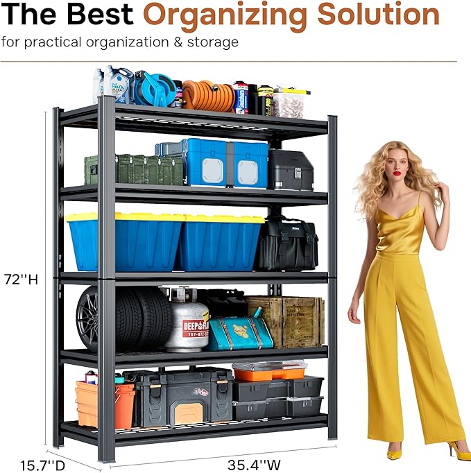 3000LBS Wire Shelving Unit, 5 Tier Adjustable Metal Storage Shelves for Kitchen Pantry Office Steel Organizer Wire Rack for Narrow Space College Dorm School, 15.7" D x 35.4" W x 72" H, Black