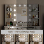 HUANLEGO Vanity Desk with Mirror and Lights, Makeup Vanity with Mirror and LED Lights & Power Outlet, 3 Drawers and Cabinets, 3 Lighting Modes Dressing Table Set for Girls Women Bedroom,Grey