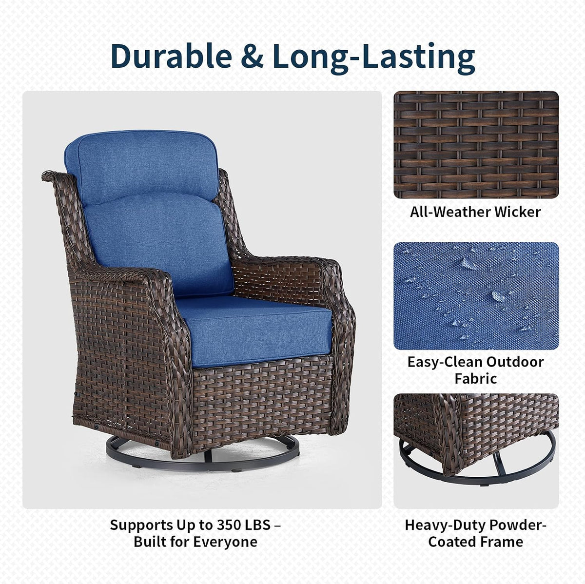 Outdoor Swivel Rocker Chair with 6" Thick Cushions | 6" ultra-thick cushions, 360° smooth swivel & rocking, ergonomic high back, rustproof frame, easy care