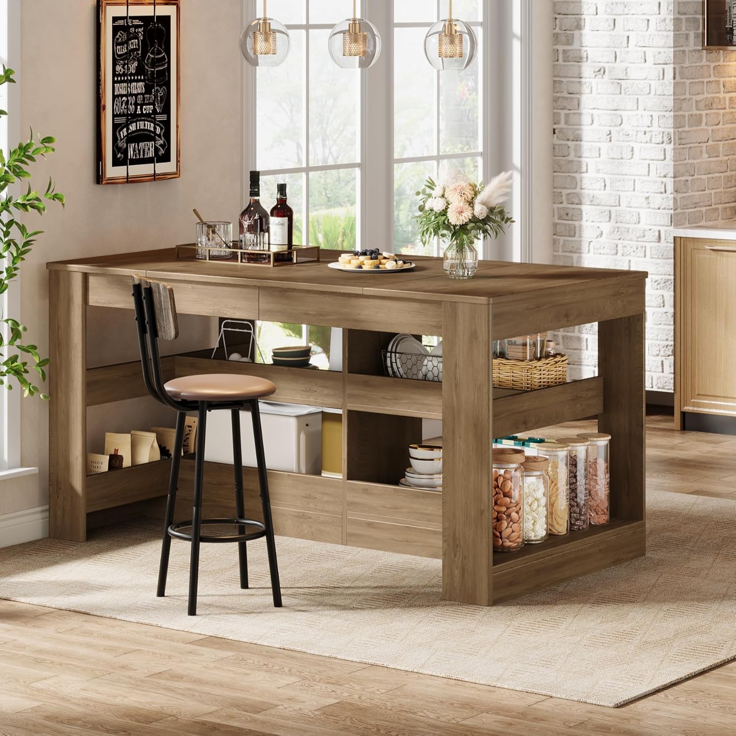 Tribesigns 63 Inch Kitchen Island with Seating and Storage, 3-Tier Farmhouse Stationary Island Table with Large Worktop & Leg Room, Coffee Bar Table with Shelves for Kitchen, Dining Room, Rustic Brown