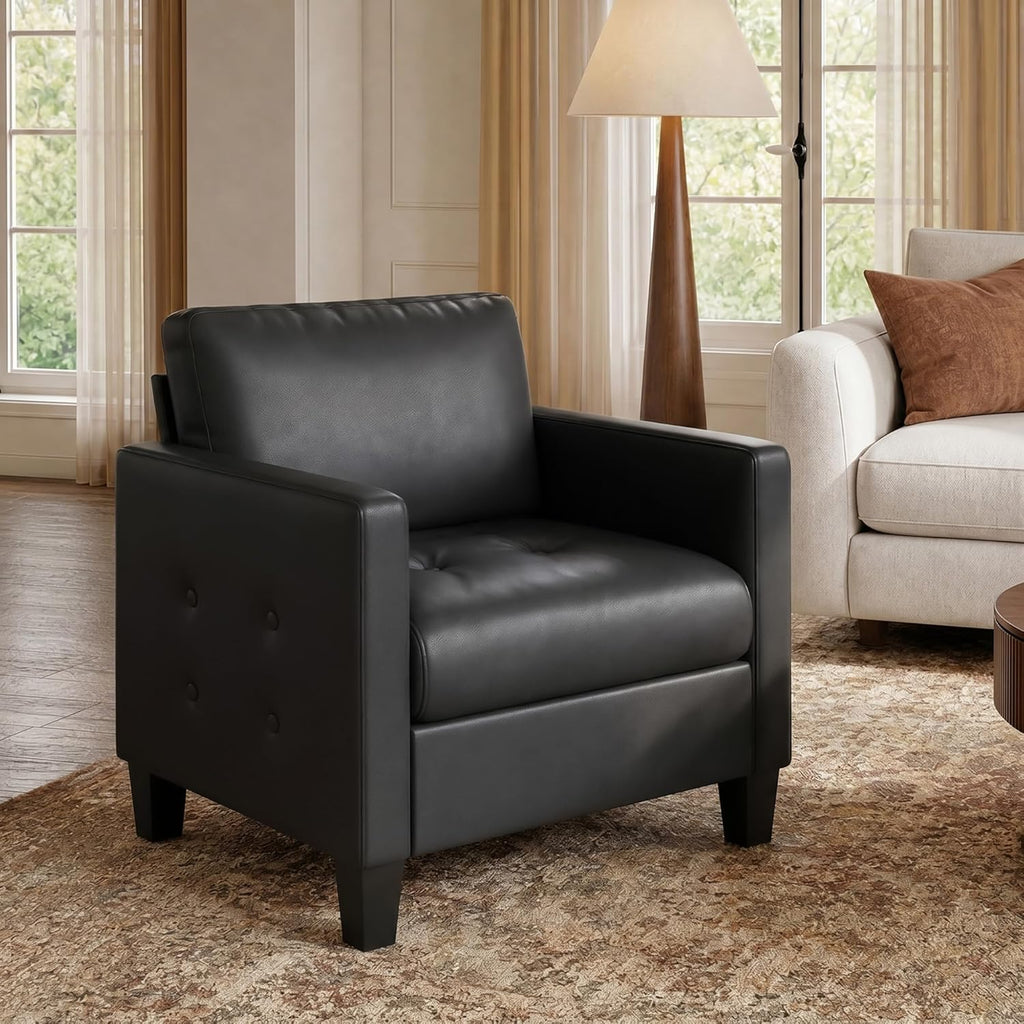 STHOUYN Black Accent Chairs Set of 2, Faux Leather Chair, Mid-Century Modern Living Room Chairs, Cozy Office Reading Chair with Tufted Armrest and Seat, Armchairs for Waiting Room, Bedroom (2)