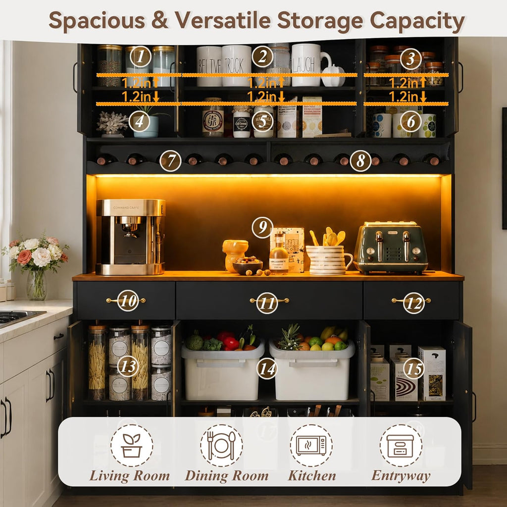 72" Tall Kitchen Pantry Cabinet with Charging Station 55" Wide Kitchen Hutch Cabinet with LED Light and Countertop Large Kitchen Cabinet with Adjustable Shelves and Wine Rack Black