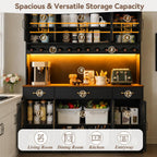 72" Tall Kitchen Pantry Cabinet with Charging Station 55" Wide Kitchen Hutch Cabinet with LED Light and Countertop Large Kitchen Cabinet with Adjustable Shelves and Wine Rack Black