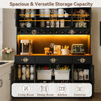 Black 72" Tall Kitchen Pantry Cabinet with Charging Station 55" Wide Hutch Cabinet with LED Light and Countertop Large Kitchen Cabinet with Adjustable Shelves and Wine Rack