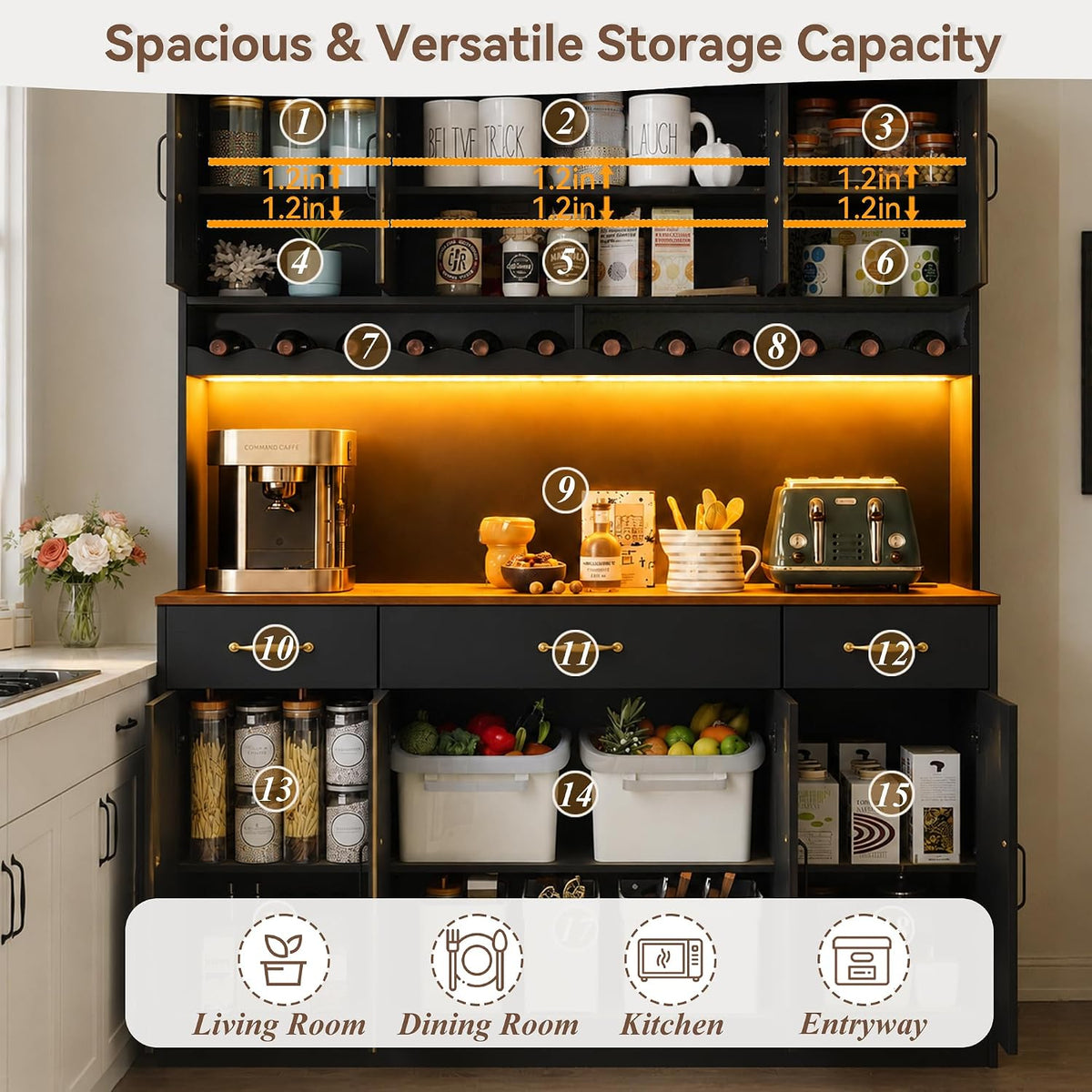 Black 72" Tall Kitchen Pantry Cabinet with Charging Station 55" Wide Hutch Cabinet with LED Light and Countertop Large Kitchen Cabinet with Adjustable Shelves and Wine Rack
