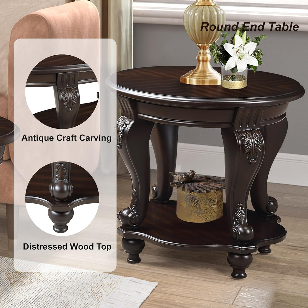 Round End Table for Living Room, Solid Wood Sofa Side Table with Shelf, Retro Corner Table for Office Small Space (22" W x 19.5" D x 20.5" H, Espresso)