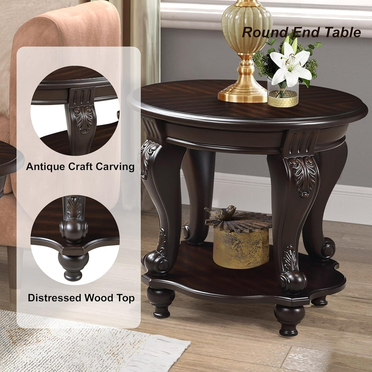 Round End Table for Living Room, Solid Wood Sofa Side Table with Shelf, Retro Corner Table for Office Small Space (22" W x 19.5" D x 20.5" H, Espresso)