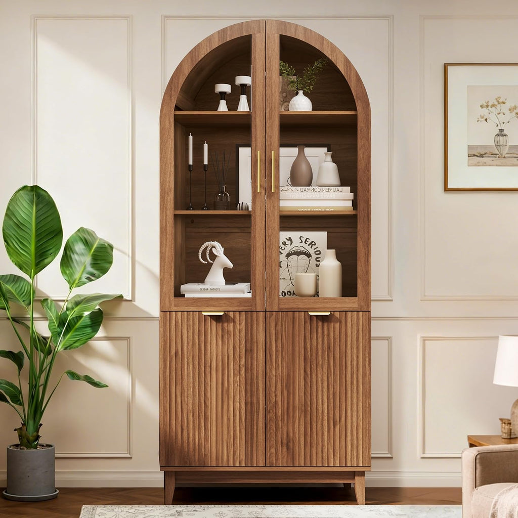 71" Tall Arched Pantry Cabinet, Kitchen Pantry with Glass Doors & Fluted Doors, Wood Storage Cabinet with Adjustable Shelf, Versatile Cupboard for Kitchen, Living Room,Walnut
