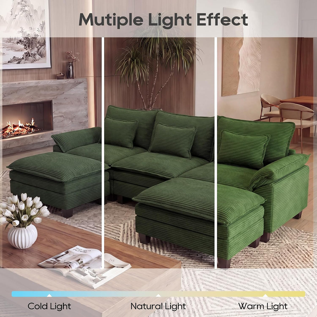 URRED Oversized Modular Sectional Sofa，Solid Green：122" U Shaped | Modern Comfy Cloud Couch with Movable Ottoman and Pillow, Deep Seat Couches for Living Room, Bedroom or Apartment